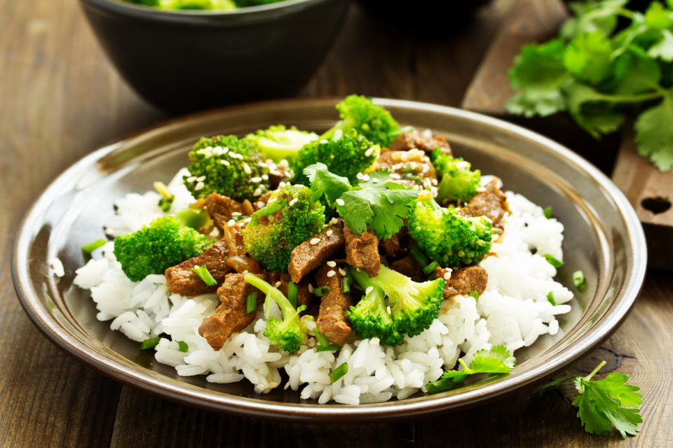 Beef with broccoli and rice.