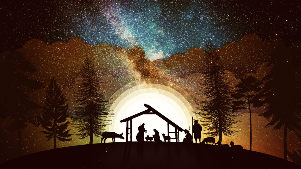 Christmas Nativity Scene animation with real animals and trees on starry sky on golden bg
